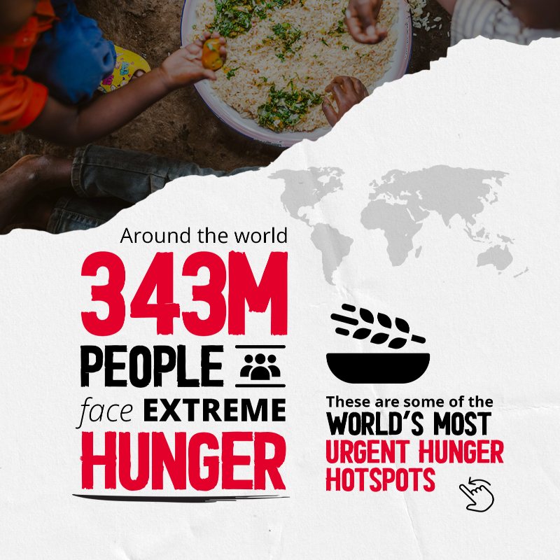 WFP's tweet photo. In a world where 343 million people face severe hunger, WFP’s work has never been more important.
This isn't one crisis, it's a global emergency.
Learn more ⏩