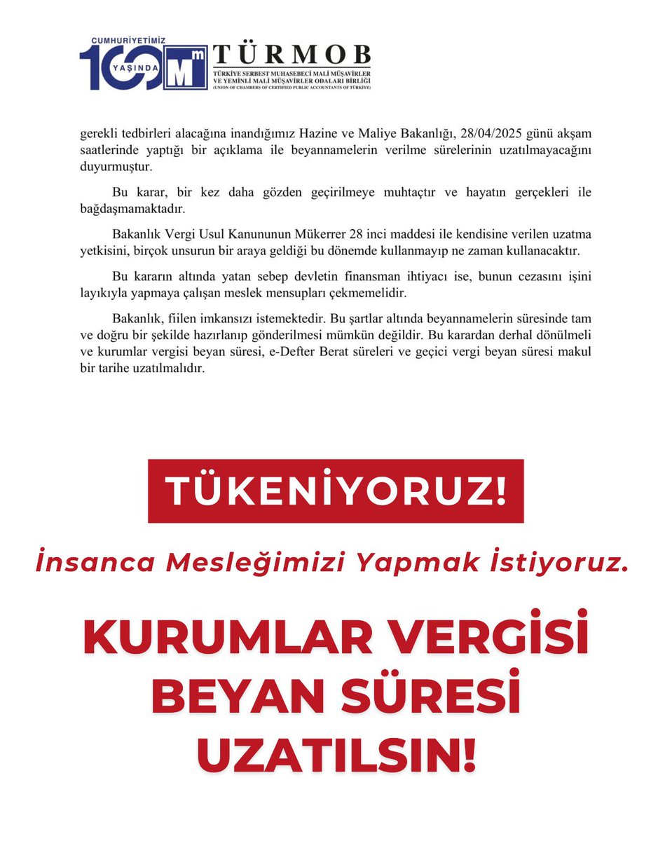 İzmir SMMM Odası (@izmirsmmmo) on Twitter photo TÜKENİYORUZ!
Kurumlar vergisi beyannameleri için mevcut şartlarda süresinde beyan mümkün değildir!
Kamuoyuna ve yetkililere açık çağrımızdır.
#KurumlarVergisiUzatılsın
<a href="/memetsimsek/">Mehmet Simsek</a>
<a href="/HMBakanligi/">T.C. Hazine ve Maliye Bakanlığı</a>
<a href="/gibsosyalmedya/">Gelir İdaresi Başkanlığı</a> TÜKENİYORUZ!
Kurumlar vergisi beyannameleri için mevcut şartlarda süresinde beyan mümkün değildir!
Kamuoyuna ve yetkililere açık çağrımızdır.
#KurumlarVergisiUzatılsın
<a href="/memetsimsek/">Mehmet Simsek</a>
<a href="/HMBakanligi/">T.C. Hazine ve Maliye Bakanlığı</a>
<a href="/gibsosyalmedya/">Gelir İdaresi Başkanlığı</a>