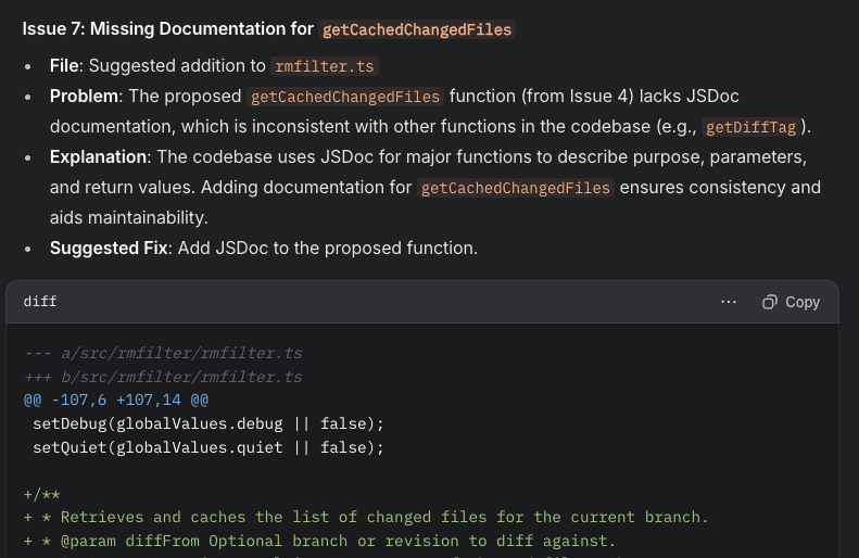 dimfeld's tweet photo. testing my new PR Review prompt, and it suggested a change and then later in the same output critiqued its own change :) https://t.co/Gc5mMc5Hoy