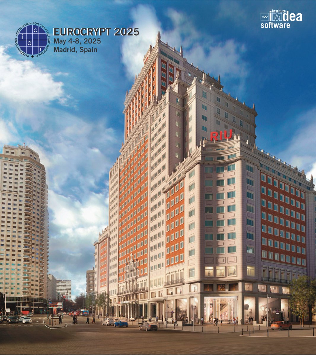 IMDEA_Software's tweet image. 🔵 Madrid será la sede de #Eurocrypt2025, la conferencia líder en #criptografía en Europa.

📅 Del 4 al 8 de mayo de 2025, Eurocrypt llega por primera vez a Madrid, organizada por la International Association for Cryptologic Research (@IACReurocrypt), en colaboración con