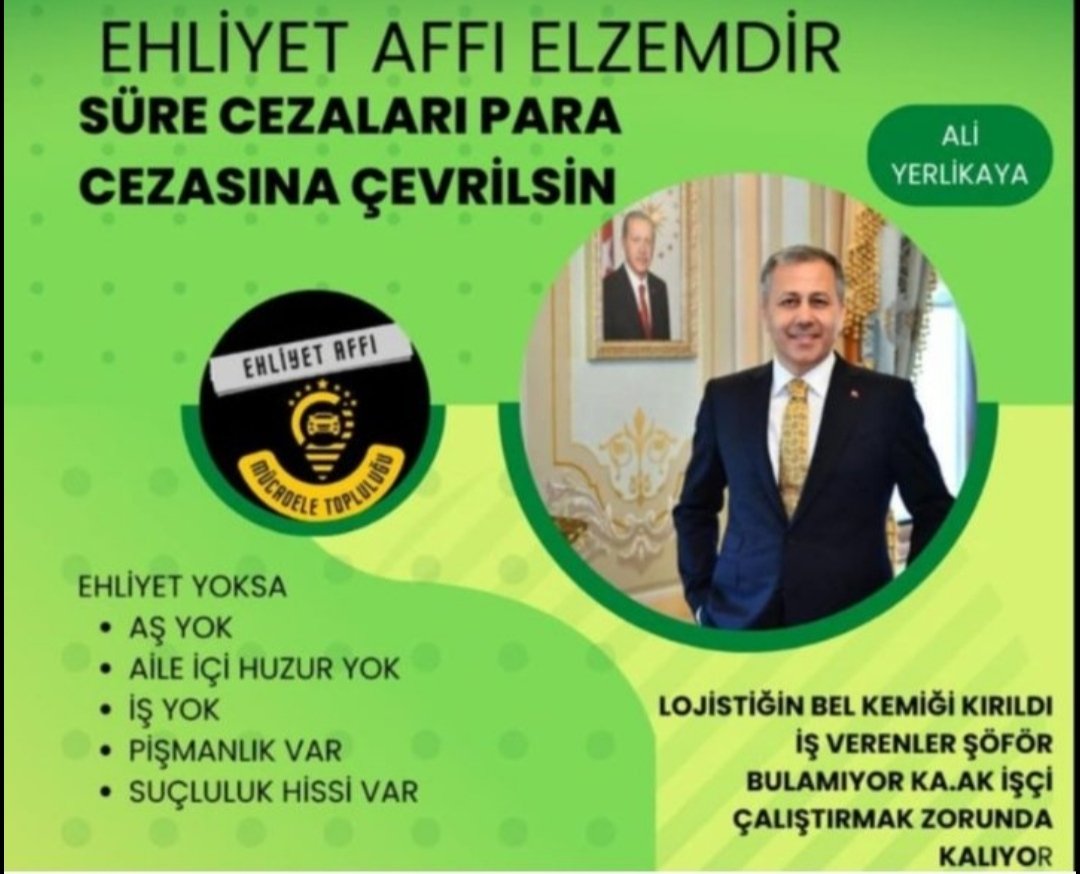 Ali Sinan Elmaslı (@alielmasl) on Twitter photo <a href="/AliYerlikaya/">Ali Yerlikaya</a> SnYerlikaya ŞoföreAf istiyoruz. #EhliyetAffı artik bir toplumsal sorun haline gelmiştir. Çok mağdur var, zor durumdalar. Bu zor günlerde işsizlik insanları intihara sürüklüyor. Bizler taksirli suç işlemedik bir trafik kusuru hayatımızi karartti. Süre cezamiz paraya cevrilsin. <a href="/AliYerlikaya/">Ali Yerlikaya</a> SnYerlikaya ŞoföreAf istiyoruz. #EhliyetAffı artik bir toplumsal sorun haline gelmiştir. Çok mağdur var, zor durumdalar. Bu zor günlerde işsizlik insanları intihara sürüklüyor. Bizler taksirli suç işlemedik bir trafik kusuru hayatımızi karartti. Süre cezamiz paraya cevrilsin.