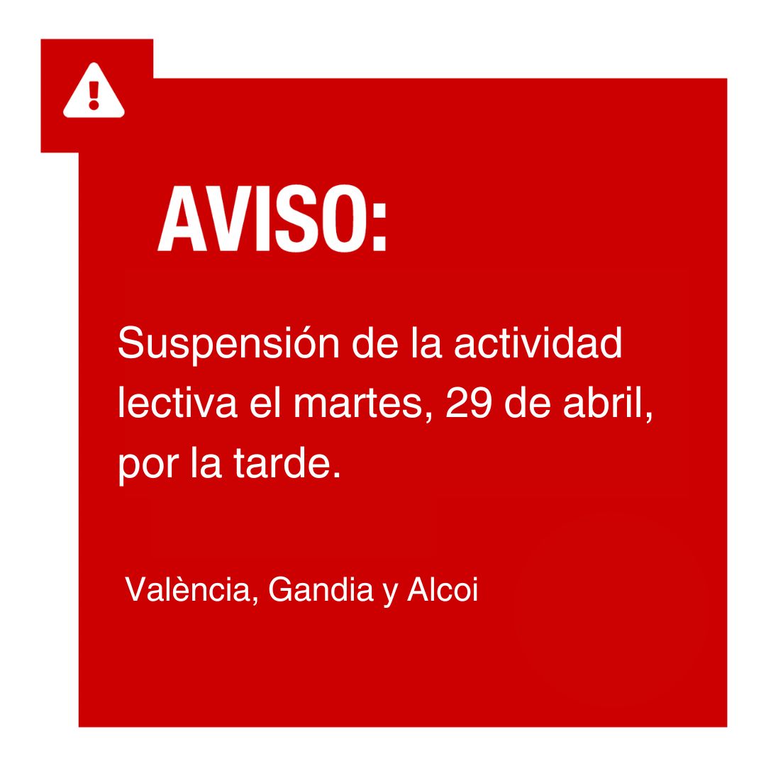 UPV's tweet photo. 🔴 COMUNICADO UPV: Cancelación de la actividad lectiva el martes, 29 de abril, por la tarde.

🚫 Debido a los problemas de movilidad que ha generado el apagón, se mantiene la suspensión de las clases para la tarde del martes, 29 de abril, en los tres campus 👇🏻 https://t.co/NJfwG64cWt