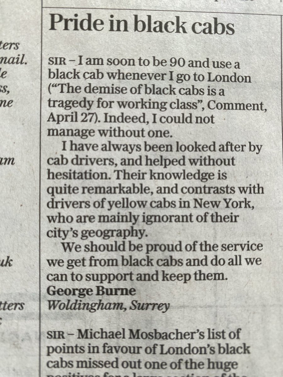 FWyhowska's tweet photo. Letters in today’s Telegraph. I have so many nice black cab stories I could fill the whole paper https://t.co/9oTd0qp54O