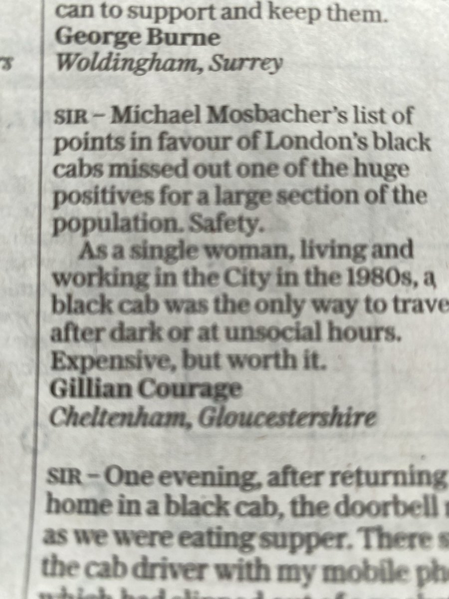 FWyhowska's tweet photo. Letters in today’s Telegraph. I have so many nice black cab stories I could fill the whole paper https://t.co/9oTd0qp54O