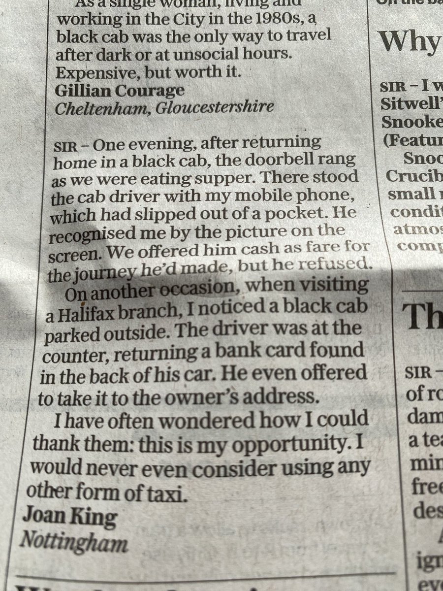 Letters in today’s Telegraph. I have so many nice black cab stories I could fill the whole paper