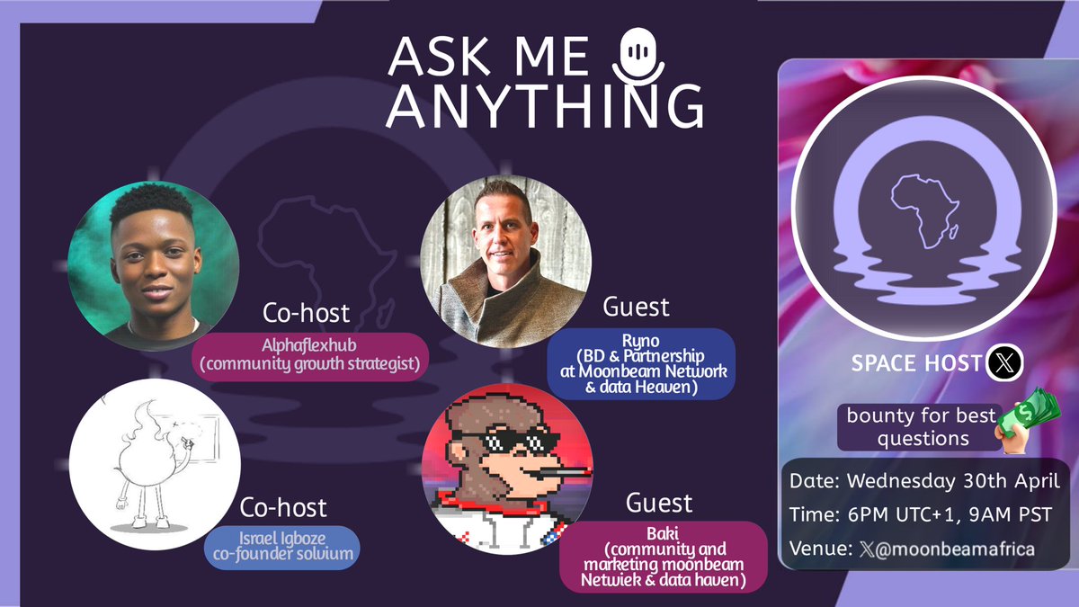 🌍✨ Africa Meets Moonbeam!

<a href="/alphaflexhub/">solomon</a> $ <a href="/israel_igboze/">Igboze</a> 
going  LIVE with <a href="/RyanJLevy/">Ryno 「💾」 🫎</a> &amp; <a href="/real_NFT/">Baki 🫎</a>   

💬 Ask me  #Blockchain, #SmartContracts &amp; Africa’s role in #Web3!  
📅 Date:30-04-25  
⏰ Time:6Pm UTC+1 , 9Am PST

🔊 Join here: x.com/i/spaces/1OdKr…

#AMAMoonbeamAfrica