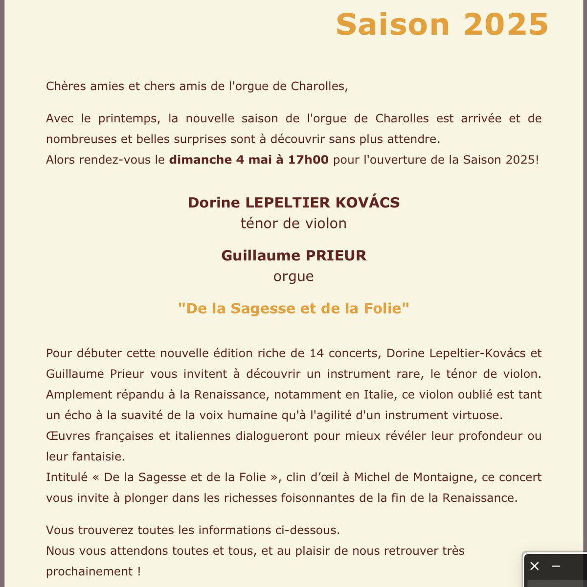 michaelbellon's tweet photo. Les Amis de l'#Orgue de #Charolles.
Retenez dès à présent votre week-end de la Pentecôte ; 3 grands #concerts inoubliables vous attendent ! https://t.co/tpqiNH4224 https://t.co/JT2sMFUjSi