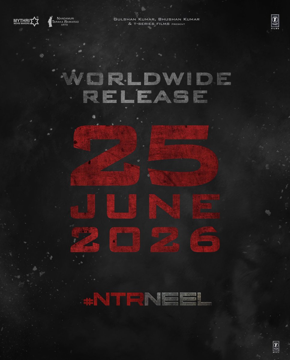 taran_adarsh's tweet photo. NTR JR - PRASHANTH NEEL FILM: RELEASE DATE LOCKED… [Thursday] 25 June 2026 is the release date of #NTRJr and #KGF - #KGF2 - #Salaar director #PrashanthNeel's first collaboration [#NTRNEEL].

The film is produced by #MythriMovieMakers and #NTRArts.
#JrNTR https://t.co/ZmPsqpIoEn