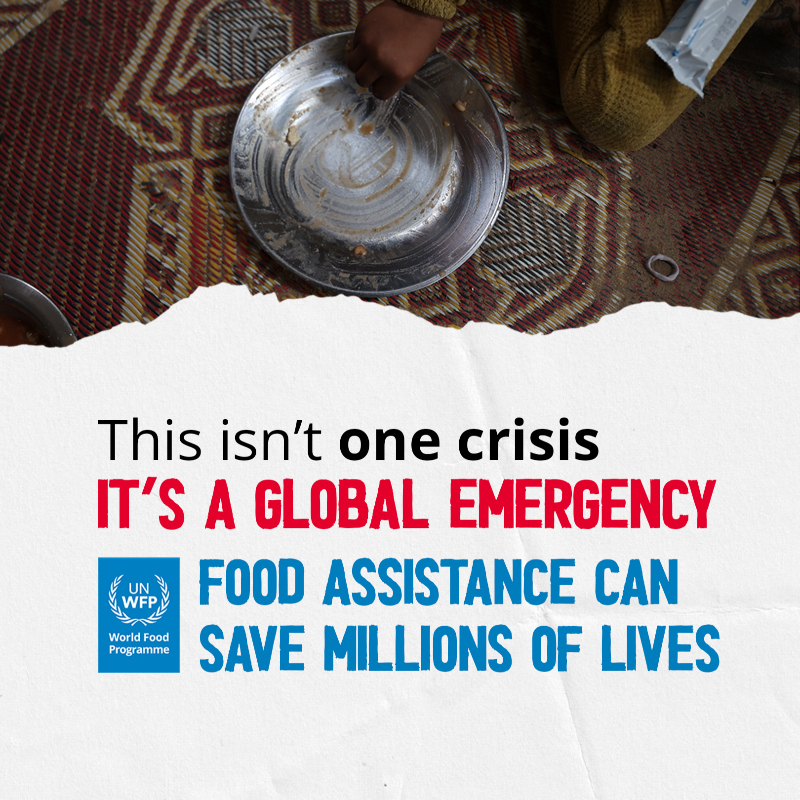 WFP's tweet photo. In a world where 343 million people face severe hunger, WFP’s work has never been more important.
This isn't one crisis, it's a global emergency.
Learn more ⏩