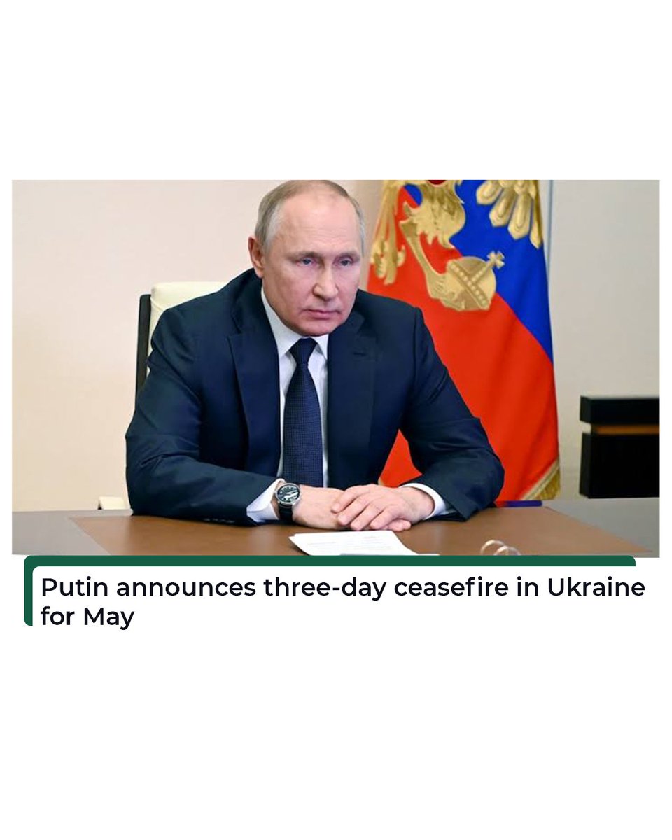 WallPostIndex's tweet photo. Russian President Vladimir Putin has announced three-day ceasefire in the war with Ukraine, set to happen from May 8 to May 10, 2025.
The ceasefire will coincide with Russia’s Victory Day on May 9, a holiday that celebrates the defeat of Nazi Germany in World War II.
#wallpost https://t.co/7ssMmxA7Lv