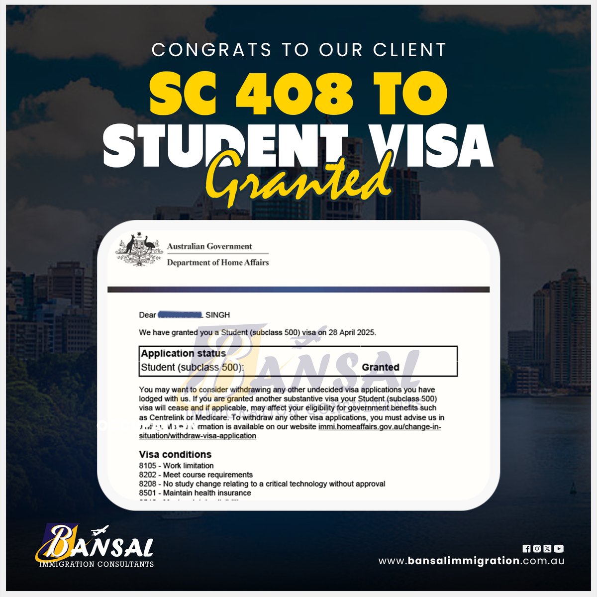 Bansalimmi's tweet image. 🎉 Congratulations to our client on successfully transitioning from SC 408 to a Student Visa (Subclass 500)! 

#SC408to500 #StudentVisaGranted #Subclass500 #AustraliaVisa #VisaSuccess #BansalImmigration #ImmigrationExperts #VisaApproved #IndianStudentsAustralia #VisaTransition,