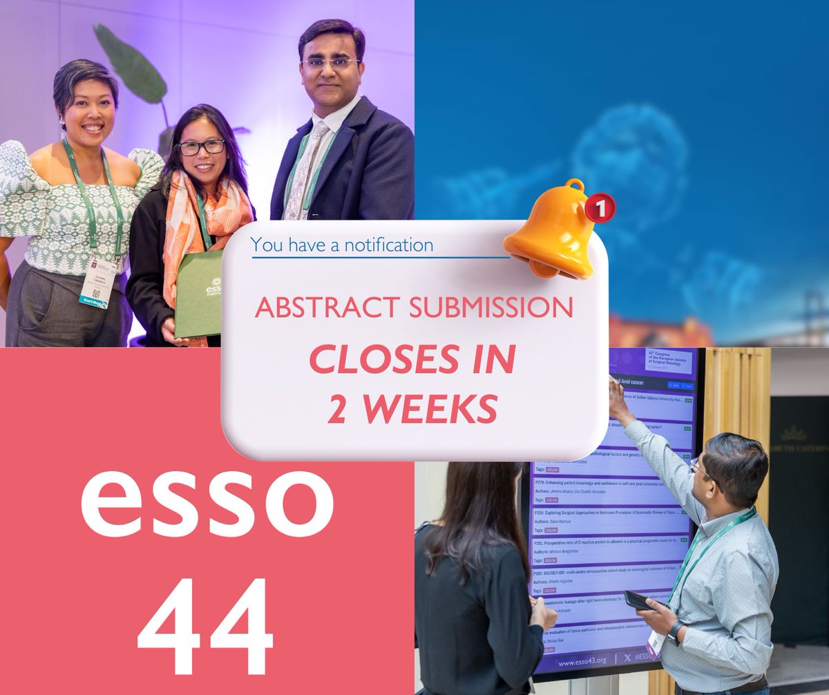 European Society of Surgical Oncology (ESSO) (@essonews) on Twitter photo 🚨 #ESSO44 Abstract Submission ends in 2️⃣ weeks.
🔬 Share your work & join us in Gothenburg, SE
❌ 13 May
👉 esso44.org
<a href="/OncoAlert/">OncoAlert</a> <a href="/itrisabel/">IR</a> <a href="/OlofssonBagge/">Roger Olofsson Bagge</a> <a href="/EdiBonci/">Eduard-Alexandru Bonci</a> <a href="/AndreasBrandl8/">Andreas Brandl</a> <a href="/GabrielleVanRam/">Gabrielle van Ramshorst, MD FECSM FEBS FSSO</a> <a href="/WimCeelen/">Wim Ceelen</a> <a href="/SochorovaDana/">Dana Sochorova</a> <a href="/cdopazo1/">Cristina Dopazo</a> <a href="/ksoreide/">Kjetil Søreide</a> <a href="/FPrimavesi/">Florian Primavesi</a> 🚨 #ESSO44 Abstract Submission ends in 2️⃣ weeks.
🔬 Share your work & join us in Gothenburg, SE
❌ 13 May
👉 esso44.org
<a href="/OncoAlert/">OncoAlert</a> <a href="/itrisabel/">IR</a> <a href="/OlofssonBagge/">Roger Olofsson Bagge</a> <a href="/EdiBonci/">Eduard-Alexandru Bonci</a> <a href="/AndreasBrandl8/">Andreas Brandl</a> <a href="/GabrielleVanRam/">Gabrielle van Ramshorst, MD FECSM FEBS FSSO</a> <a href="/WimCeelen/">Wim Ceelen</a> <a href="/SochorovaDana/">Dana Sochorova</a> <a href="/cdopazo1/">Cristina Dopazo</a> <a href="/ksoreide/">Kjetil Søreide</a> <a href="/FPrimavesi/">Florian Primavesi</a>