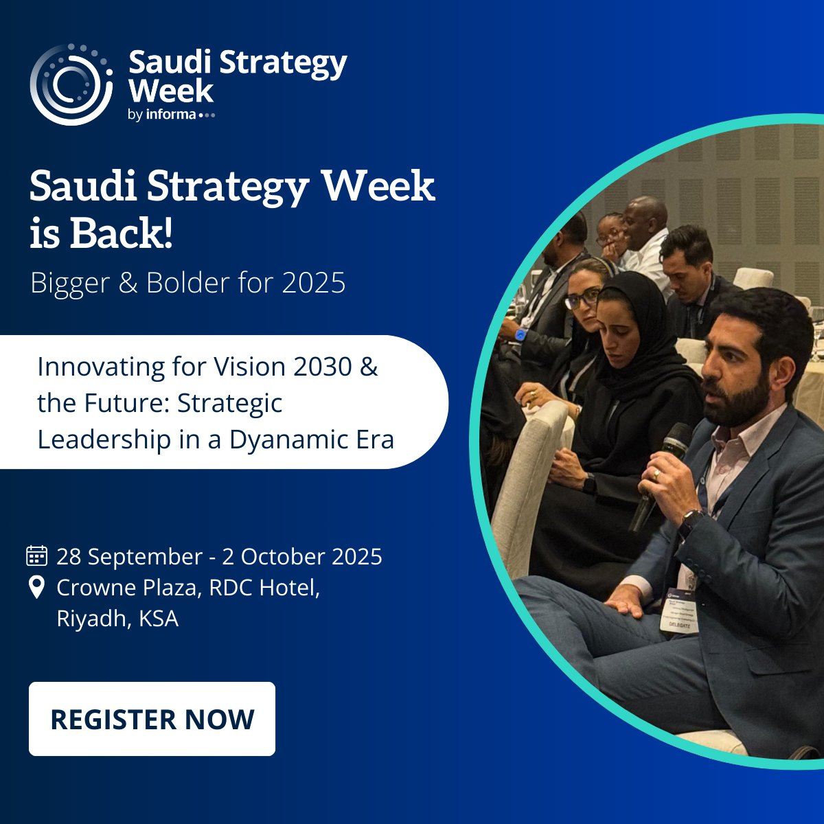 Saudi Strategy Week is back!

 📅 28 Sep – 2 Oct | 📍 Riyadh

Unlock insights, connect with leaders &amp; power up your strategy skills with 7 certified workshops - all aligned with Vision 2030. 🎯Don’t miss it! 

🔗 Learn More: bit.ly/4iGxqPK

#SaudiStrategyWeek #Vision2030