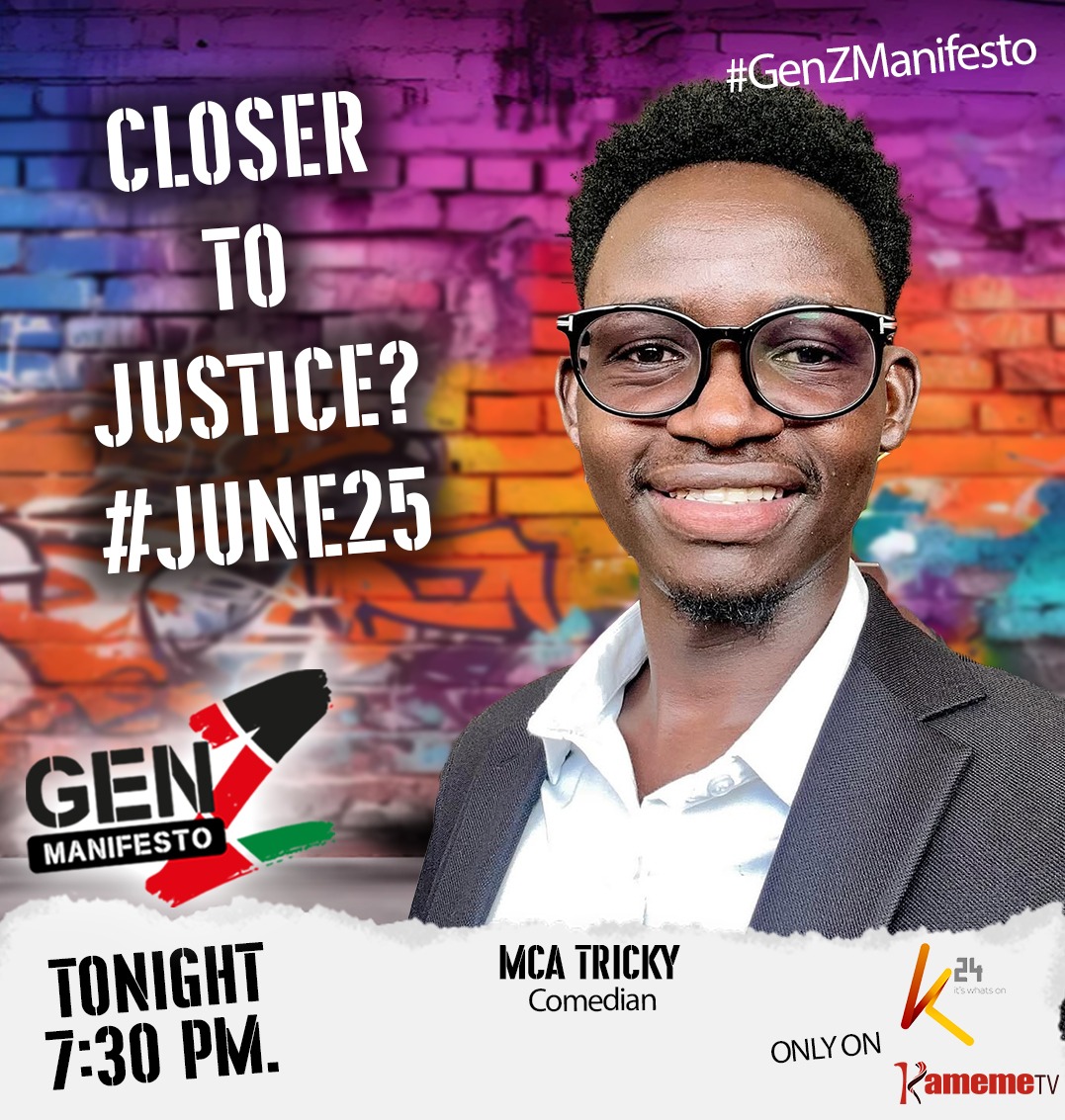 K24Tv's tweet photo. The protests of June 25th shook a generation. The questions remain.What does justice look like for Kenya’s youth? Let’s talk tonight on #GenZManifesto.
7:30 PM | K24TV and Kameme TV. #JusticeForJune25 #GenZManifesto #BloodParliament https://t.co/TXhSBayKVq
