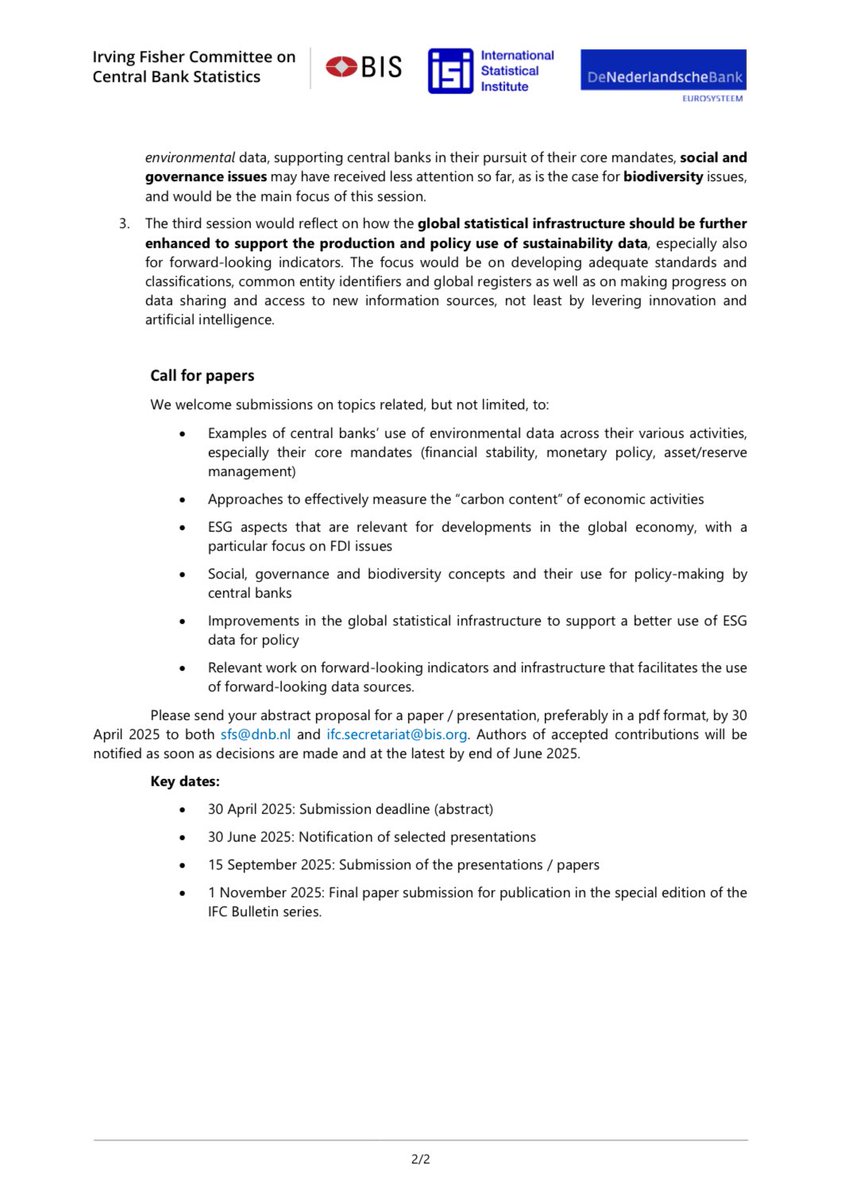 🎯 Call for papers for the IFC-DNB Seminar on sustainability data issues and central banks’ experience ends tomorrow. bis.org/ifc/events/251…