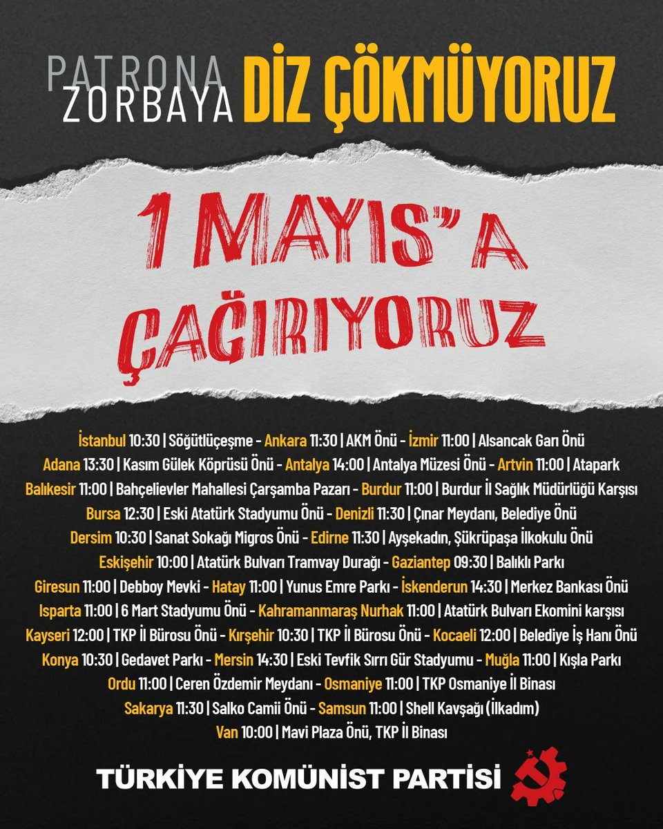 1 Mayıs'da TKP saflarına!
Kortejimiz 11.30'da Şükrüpaşa İlkokulu önünde kurulacaktır.
Bizimle yürümek için iletişime geçebilirsiniz.
