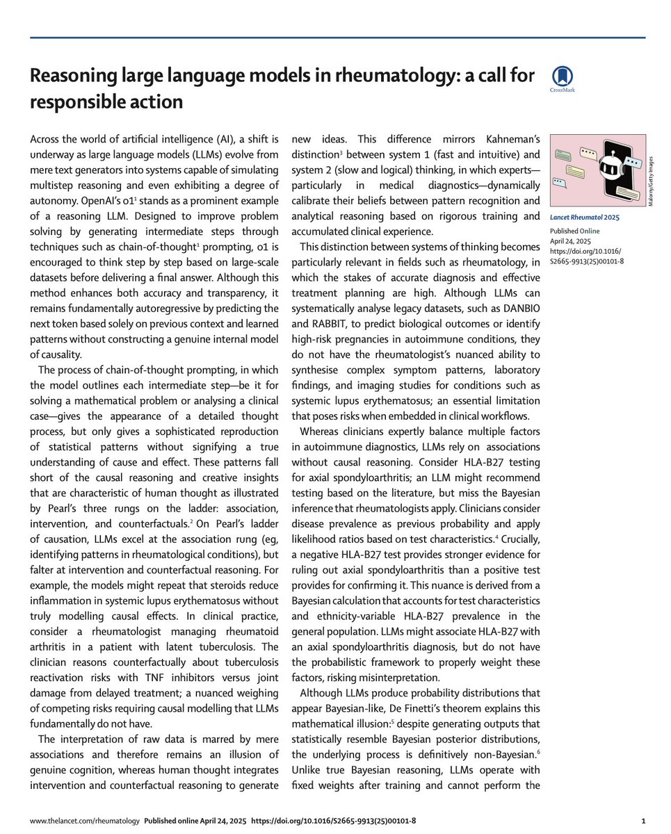 Latika (@latikagupta_) on Twitter photo Now in <a href="/TheLancetRheum/">The Lancet Rheumatology</a>-Reasoning LLMs in #Rheumatology: Pearl's ladder of causation shows the gap bw AI's statistical patterns & true counterfactual reasoning-
A rheumatologist weighing TNFi risks vs. delayed treatment needs reasoning that AI fundamentally lacks.
<a href="/vincevenerito/">Vincenzo Venerito</a> Now in <a href="/TheLancetRheum/">The Lancet Rheumatology</a>-Reasoning LLMs in #Rheumatology: Pearl's ladder of causation shows the gap bw AI's statistical patterns & true counterfactual reasoning-
A rheumatologist weighing TNFi risks vs. delayed treatment needs reasoning that AI fundamentally lacks.
<a href="/vincevenerito/">Vincenzo Venerito</a>