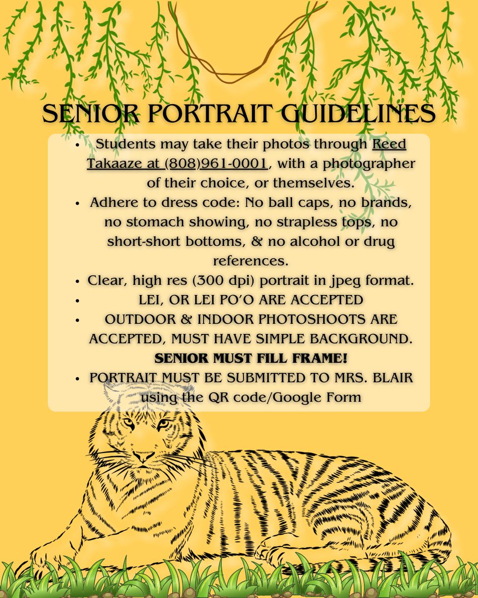 Attention upcoming seniors — it's time to start thinking about your senior portraits! You have three options:

Schedule with Reed Takaaze at (808) 961-0001

Use a photographer of your choice

Or take the photo yourself

Once your portrait is ready, submit