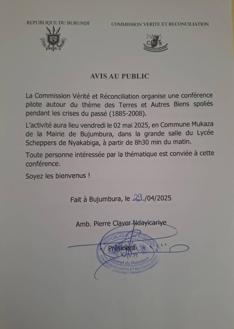 CVR_Burundi's tweet photo. La @CVR_Burundi organise une conférence thématique autour du thème "Terres et autres Biens spoliés pendant les crises du passé (1885-2008)" ce vendredi le 02 mai 2025 en @MairieBuja , dans la grande salle du lycée Scheppers de Nyakabiga. @NtareHouse @nshingamateka @GenreMinistere https://t.co/psbhoJSmJw