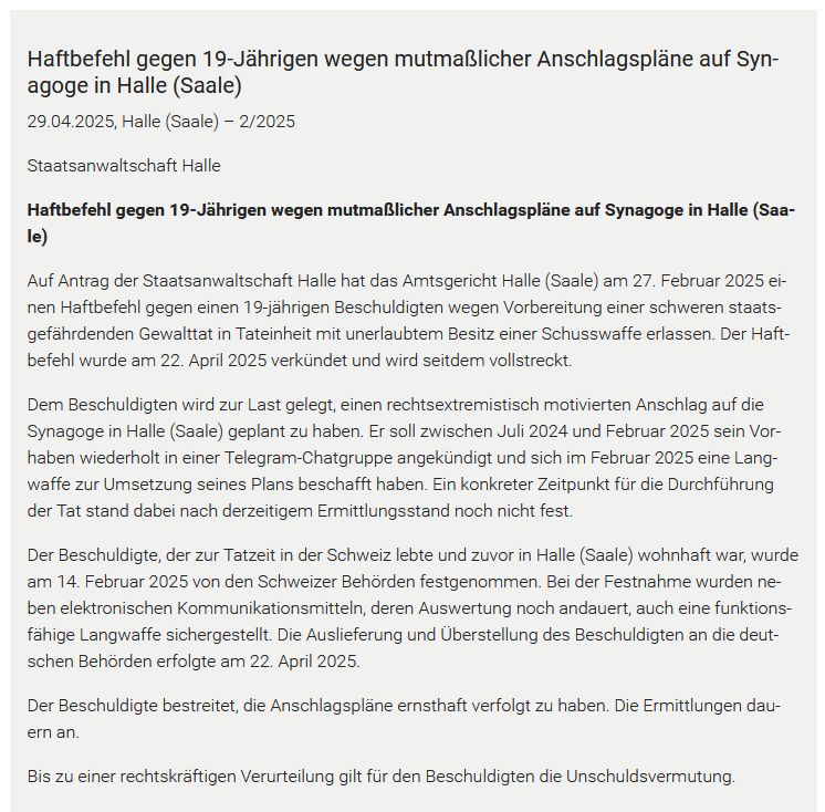 ER_Bund's tweet photo. Ein 19-Jähriger soll einen Anschlag auf die Synagoge in #Halle geplant und dies in einer Telegram-Gruppe angekündigt haben. Eine Langwaffe hatte er sich bereits besorgt. Der Mann wurde schon im Februar in der Schweiz festgenommen und jetzt nach Deutschland ausgeliefert. 🧵 https://t.co/PVhaeQLOfX