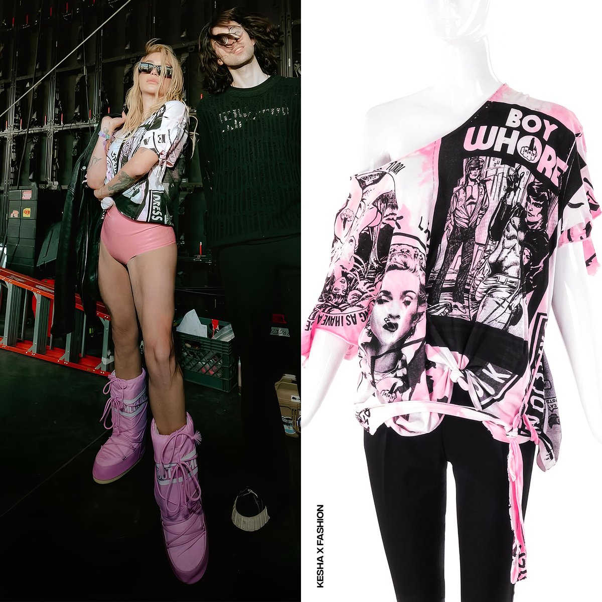 KeshaXFashion's tweet photo. Kesha was photographed backstage at Coachella, dressed in a custom couture pink and black print deconstructed T-shirt from Berlin-based band #EatLipstick, latex high-waist hot pant in bubblegum pink by #Bluebella, and #MoonBoot "Icon" pink nylon boots. https://t.co/nmaRjXBkm3