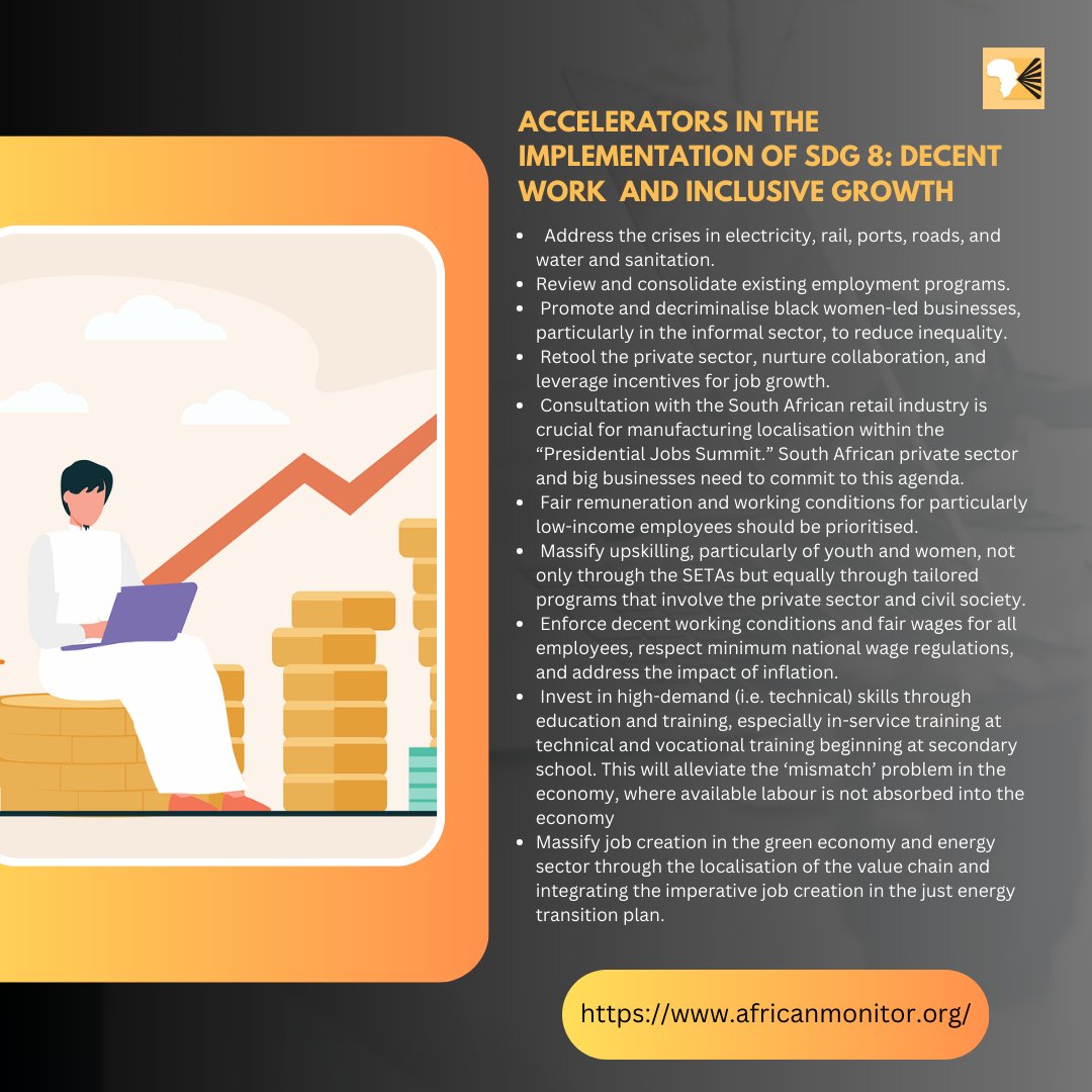SDG 8: Decent Work &amp; Economic Growth aims to create jobs, boost fair working conditions &amp; grow the economy sustainably.
In South Africa, progress is slow. 
#SDG8 #DecentWork #InclusiveGrowth #SouthAfrica #SustainableDevelopment