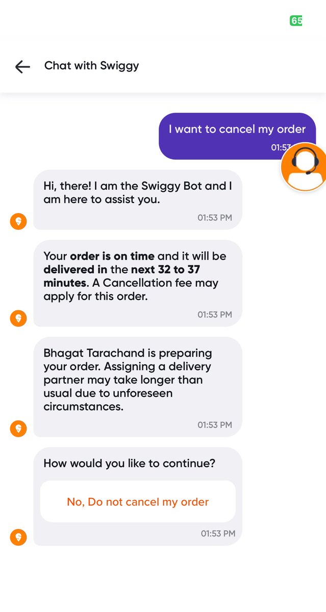 vidhatad's tweet photo. @Swiggy Hi Swiggy, just tried cancelling an order. Swiggy bot started responding. First, it said a cancellation charge will be applicable - which is fine. But then, it doesn’t give an option to cancel the order at all. Only the option “No. I don’t want to cancel my order” - 1/2 https://t.co/reMe7KEgG0