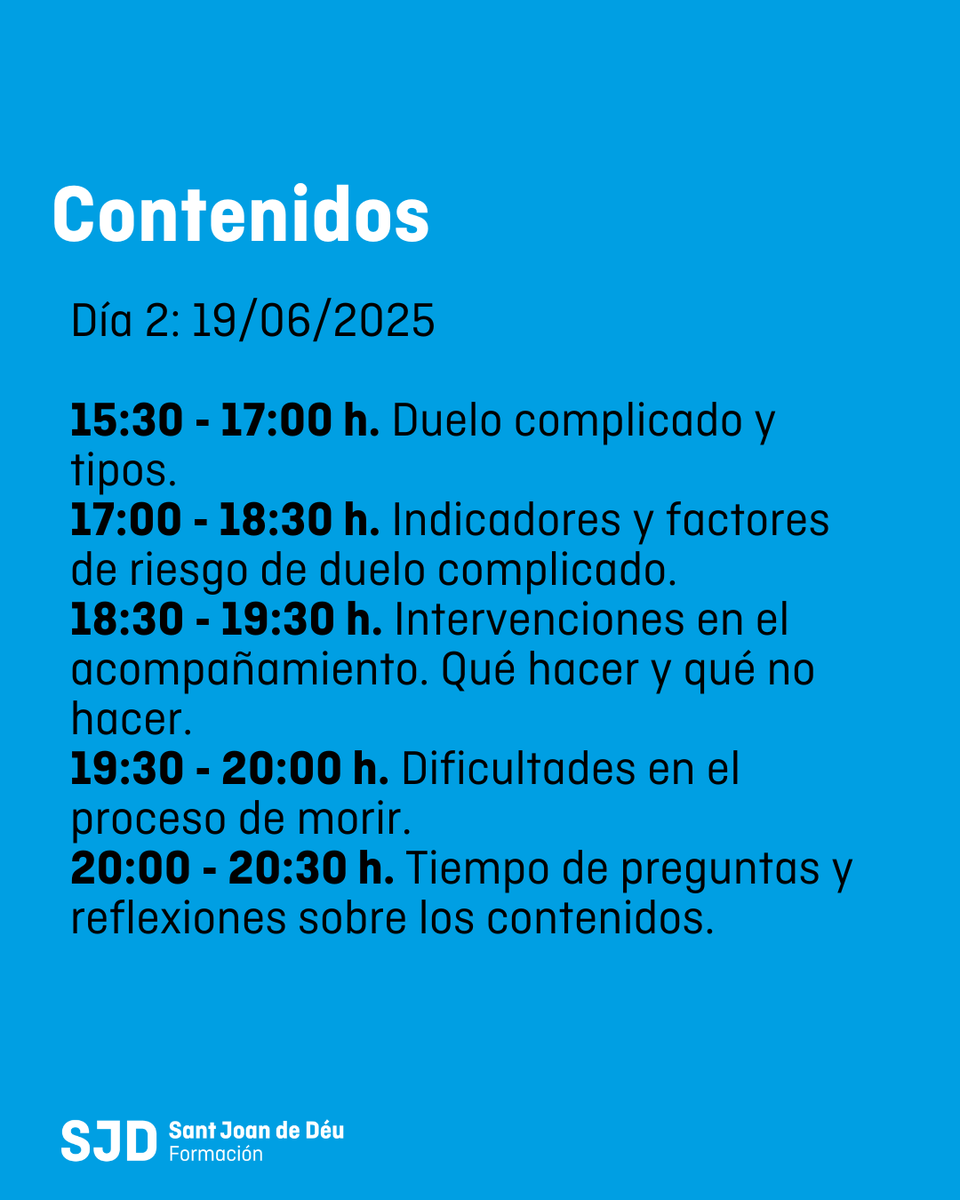 SJD Formación (@sjdformacion) on Twitter photo 🕊️ Fórmate en el acompañamiento consciente y respetuoso del duelo.
Curso presencial en <a href="/SJDbarcelona_es/">Hospital Sant Joan de Déu Barcelona ES</a>.
📅 12 y 19 junio 2025 | 10h lectivas
✅ Reconoce pérdidas, afronta el duelo, acompaña desde la empatía.
🔗 +Info e inscripciones: formacion.sjdhospitalbarcelona.org/es/formaciones… 🕊️ Fórmate en el acompañamiento consciente y respetuoso del duelo.
Curso presencial en <a href="/SJDbarcelona_es/">Hospital Sant Joan de Déu Barcelona ES</a>.
📅 12 y 19 junio 2025 | 10h lectivas
✅ Reconoce pérdidas, afronta el duelo, acompaña desde la empatía.
🔗 +Info e inscripciones: formacion.sjdhospitalbarcelona.org/es/formaciones…