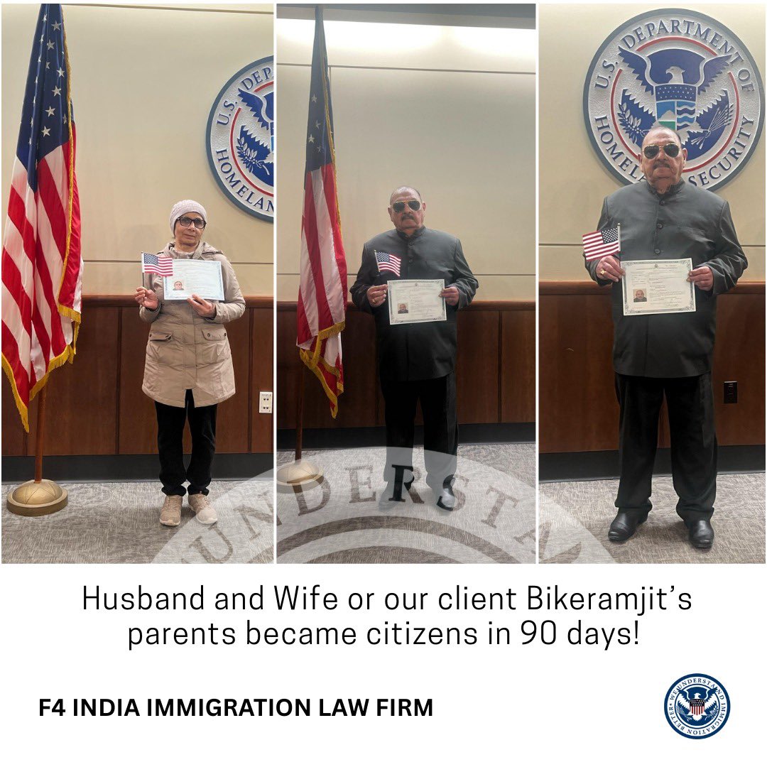 india_f4's tweet photo. "Big congrats to Bikramjit Singh's parents, Mr. Brijinder Singh &amp; Mrs. Gurdish Kaur, on becoming U.S. citizens in just 90 days! Thanks to our expert team at F4 India for making it happen! #USCitizenship #SuccessStory #ImmigrationExperts #F4India #samarsandhu https://t.co/BOWjJqXgll