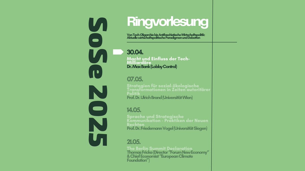 #Reminder

Morgen startet unsere #Ringvorlesung. Dr. Max Bank startet die Veranstaltungsreihe mit dem Thema „Macht und Einfluss der Tech-Milliardäre“.

Wann? Mittwoch, 30.04. 10 Uhr
Wo? Online: uni-siegen.webex.com/meet/lange
Für wen? Für alle, die Interesse am Thema haben