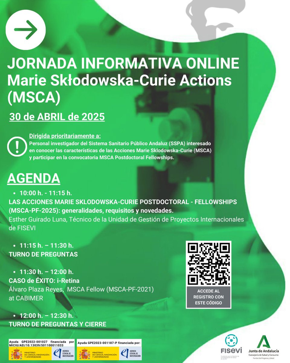 FISEVI (@fisevi_sevilla) on Twitter photo 🟦SESIÓN INFORMATIVA |
¡Buenos días! ⛅️
📢¡Os recordamos que MAÑANA, miércoles 30 de abril, tendrá lugar una jornada informativa sobre <a href="/MSCActions/">Marie Skłodowska-Curie Actions</a>!
‼️Esta actividad está coorganizada junto a <a href="/FProgresoysalud/">Fundación Progreso y Salud</a>
Inscripciones 👉us02web.zoom.us/meeting/regist… 🟦SESIÓN INFORMATIVA |
¡Buenos días! ⛅️
📢¡Os recordamos que MAÑANA, miércoles 30 de abril, tendrá lugar una jornada informativa sobre <a href="/MSCActions/">Marie Skłodowska-Curie Actions</a>!
‼️Esta actividad está coorganizada junto a <a href="/FProgresoysalud/">Fundación Progreso y Salud</a>
Inscripciones 👉us02web.zoom.us/meeting/regist…