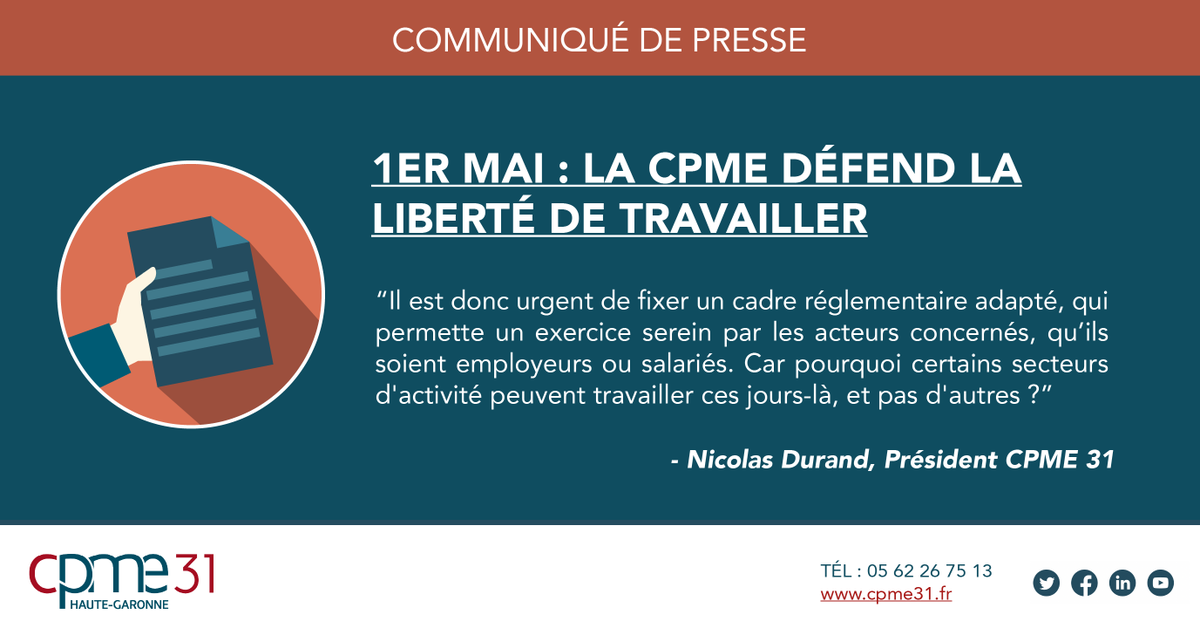 📣 1er mai : la <a href="/CPMEnationale/">CPME</a> défend la liberté de travailler

"Il est donc urgent de fixer un cadre réglementaire adapté, qui permette un exercice serein par les acteurs concernés, qu’ils soient employeurs ou salariés."
 <a href="/N_Durand/">Nicolas Durand</a>, président #CPME31

bit.ly/3EMybbV