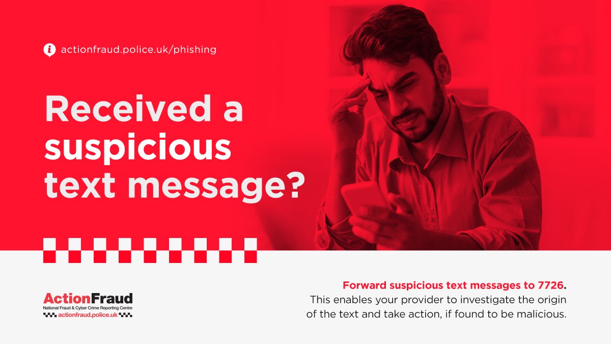 Action Fraud (@actionfrauduk) on Twitter photo 💬Ever received a text message that you weren't quite sure about? Maybe it asked you to "verify" your personal or financial details?
📲You can report suspicious text messages by forwarding them to 7726. 💬Ever received a text message that you weren't quite sure about? Maybe it asked you to "verify" your personal or financial details?
📲You can report suspicious text messages by forwarding them to 7726.
