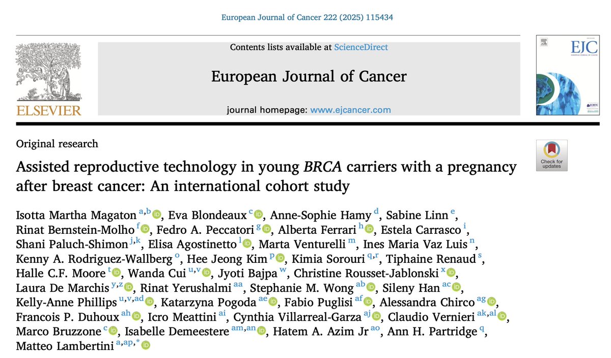 Matteo Lambertini, MD PhD (@matteolambe) on Twitter photo Finally out in <a href="/ElsevierConnect/">Elsevier</a> #EJC results of the #BRCABCYcollaboration presented at #ESMOBreast24 reporting on safety of #oncofertility techniques in young #BRCA carriers with #BreastCancer...free link here: ejcancer.com/article/S0959-…
<a href="/OncoAlert/">OncoAlert</a> <a href="/AIRC_it/">Fondazione AIRC per la ricerca sul cancro</a> <a href="/UniGenova/">Università di Genova</a> <a href="/SanMartino_Ge/">Ospedale San Martino Genova</a> Finally out in <a href="/ElsevierConnect/">Elsevier</a> #EJC results of the #BRCABCYcollaboration presented at #ESMOBreast24 reporting on safety of #oncofertility techniques in young #BRCA carriers with #BreastCancer...free link here: ejcancer.com/article/S0959-…
<a href="/OncoAlert/">OncoAlert</a> <a href="/AIRC_it/">Fondazione AIRC per la ricerca sul cancro</a> <a href="/UniGenova/">UniversitĂ di Genova</a> <a href="/SanMartino_Ge/">Ospedale San Martino Genova</a>