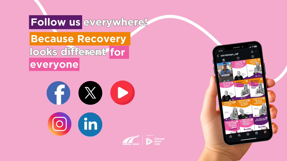 Each space we post in helps us reach someone new.
📘 Facebook = local updates
📸 Instagram = visuals &amp; wellness
💼 LinkedIn = professional insights
🐦 X = real-time support

📲 Follow us everywhere and help make recovery visible.
#FollowWirralWays #DigitalSupport #CGLWirral