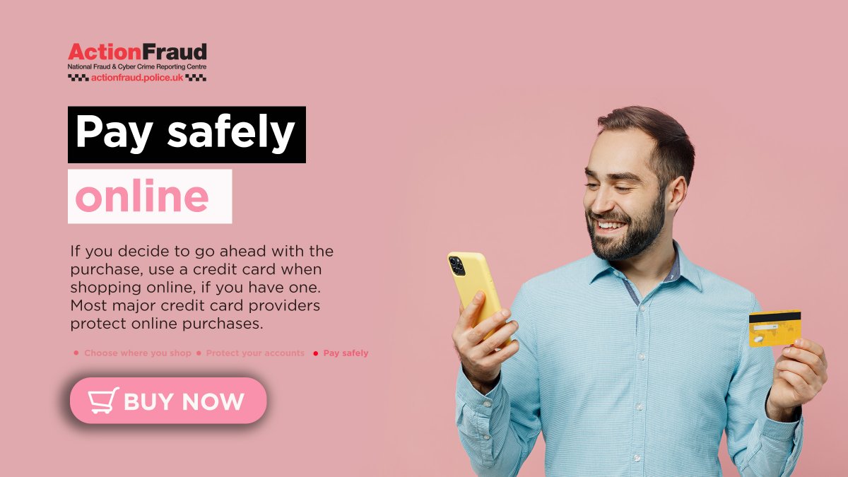 🛍️Shopping online? Pay with a credit card if you have one. Most major credit card providers protect online purchases.

ℹ️For more top tips on how to shop online safely, visit: actionfraud.police.uk/a-z-of-fraud/o…