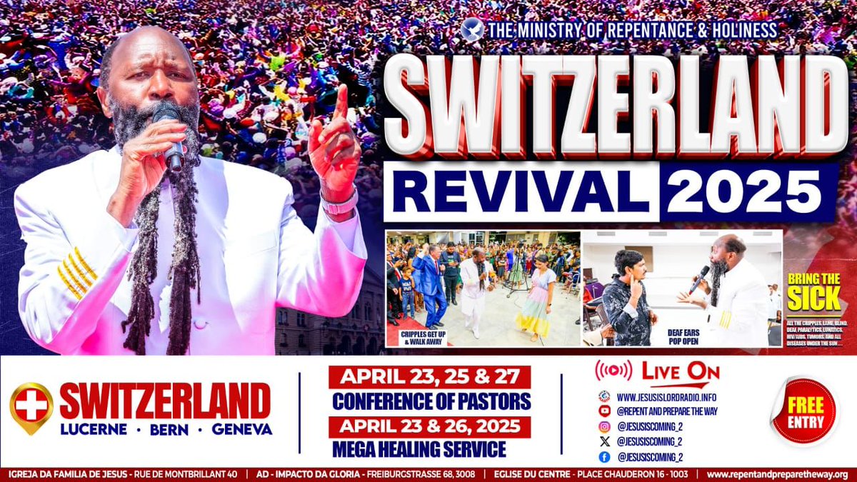 Mission accomplished!
The message was well delivered in Switzerland 🇹🇴. 
1. Day 1: Conference of Pastors &amp; Healing service 
2. Day 2: Conference of Pastors 
2. Day 3: Mega Healing service 
#TheProphetGrandEntry to Kenya