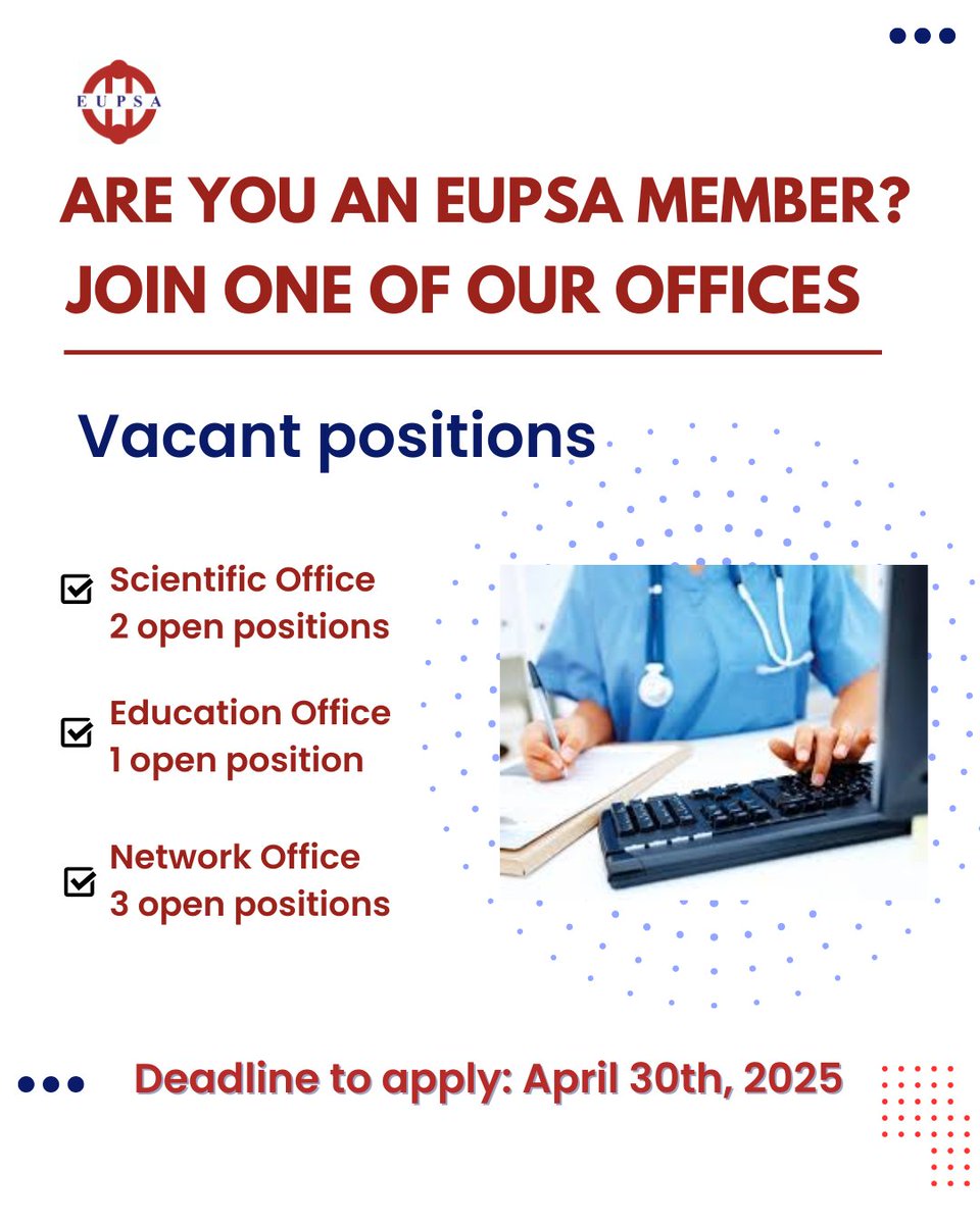 EupsaSurgeons's tweet image. 🔔 Last call to apply!
EUPSA has open positions in:
▪️ Scientific Office (2)
▪️ Education Office (1)
▪️ Network Office (3)
📅 Deadline: April 30
📍 Details & how to apply 👉office@eupsa.info
#EUPSA #PediatricSurgery #MedicalLeadership
@Me4Ped @paolodecoppi @augusto_zani