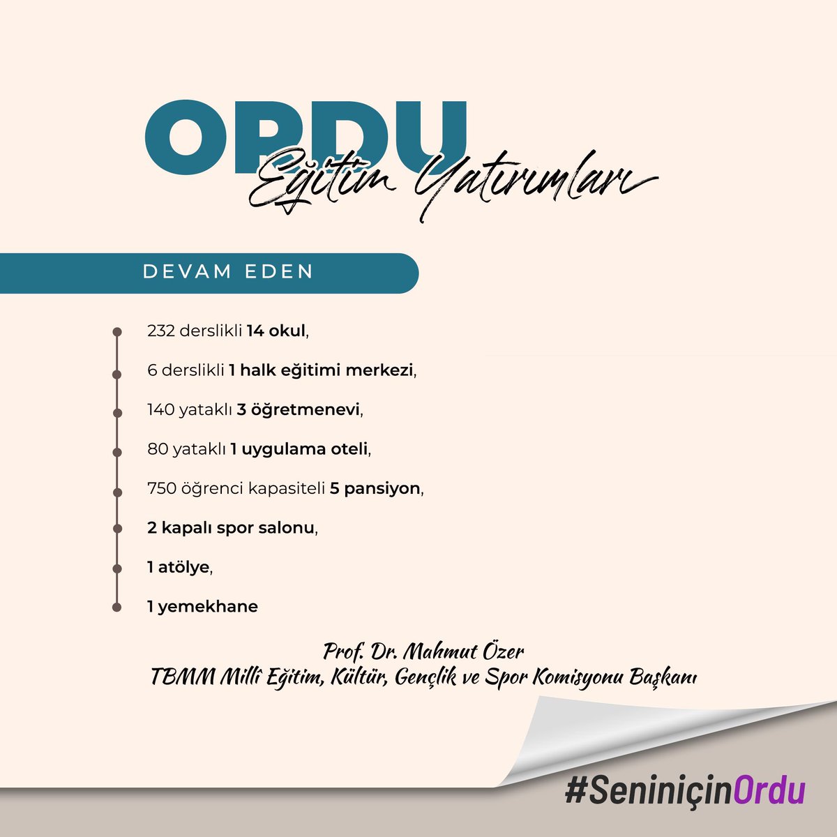 Ordu’ya Değer Katan Eğitim Yatırımları!

Bir yandan tamamlanan yatırımlarla eğitimin kalitesini artırıyor, diğer yandan devam eden projelerle geleceğe sağlam adımlarla ilerliyoruz.

Ordu’muza kazandırılan:
✅37 yeni okul,
✅ 525 Köy Yaşam Merkezi,
✅ Ordu Olgunlaşma Enstitüsü,
✅