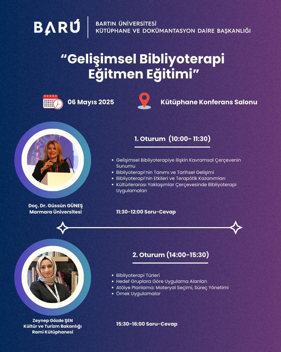 bartinkutuphane's tweet photo. Değerli kullanıcılarımız;

📚 Kütüphane organizasyonunda "Gelişimsel Bibliyoterapi Eğitmen Eğitimi" düzenleniyor!
🗓 6 Mayıs 2025
📍 Kütüphane Konferans Salonu
🎓 Tüm kullanıcılarımız gelişimsel bibliyoterapiyi keşfetmeye davet ediyoruz!

Detaylar için afişe göz atın! https://t.co/fJFmcZZuir