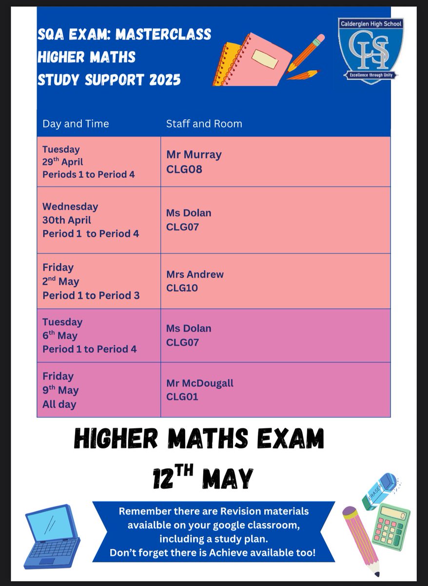 Maths Masterclass sessions for exam support.

Please see for different levels, here are the rooms available 

<a href="/CglenHighSchool/">Calderglen High 🏳️‍🌈</a>