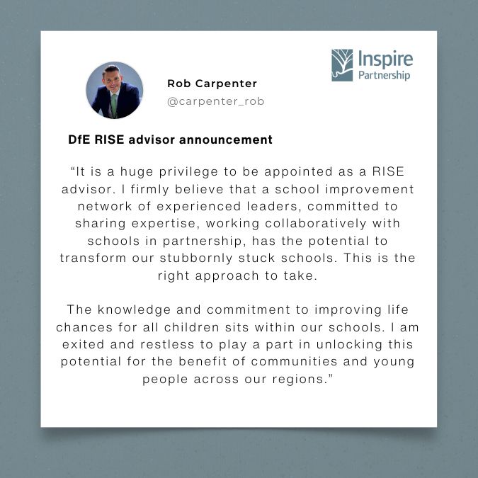 The Inspire Partnership (@ipat_edu) on Twitter photo We are delighted to share that <a href="/carpenter_rob/">Rob Carpenter</a> has been appointed by the DfE as a RISE advisor. We are delighted to share that <a href="/carpenter_rob/">Rob Carpenter</a> has been appointed by the DfE as a RISE advisor.