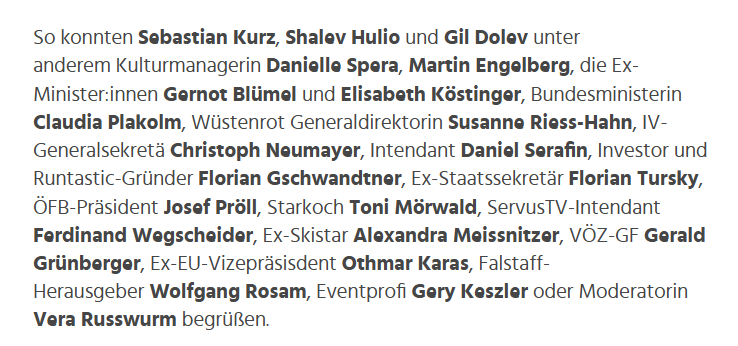 piratebasewien's tweet image. die liste der personen beim "#kurz"-empfang.
fast hätt ich geschrieben laute c- und d-promis.
dabei auch der #wegscheider, der #rosam oder die #russwurm. und der #keszler.
mittendrunter aber die frau minister #plakolm.
sicher nur zufall.