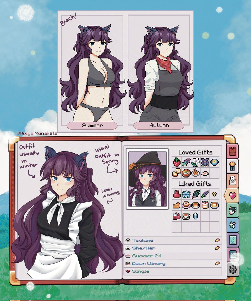 MunakataReiya's tweet photo. Finally finished my mistria oc (basically another tsukine version xD)
Tried pixel art, it was hard but I did it! I was gonna do the other 2 but I already drawn it so I put notes instead
I love playing mistria💕 I will draw caldarus next :3
#FieldsofMistria #FieldsofMistriaOc https://t.co/qHKbm6HTxL