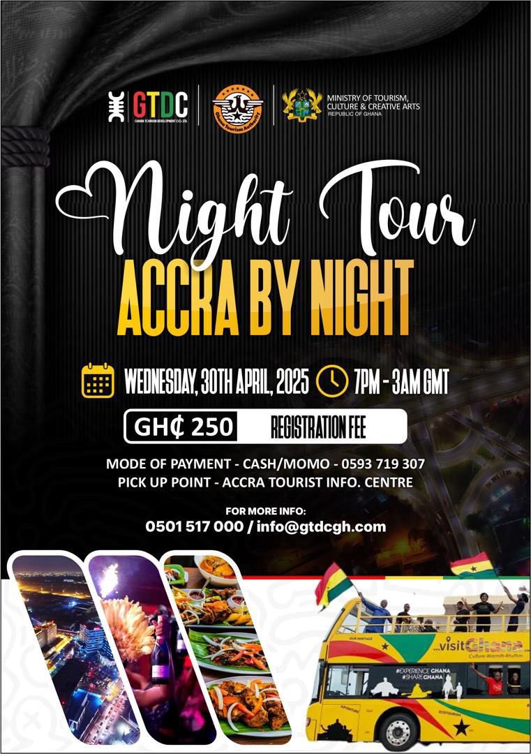 FYI🇬🇭‼️
Accra lights up after dark — and Ghana Deluxe will be there to capture it all!
Join the Accra by Night tour on 30th April, 7PM–3AM.
Get ready for food, fun, and unforgettable vibes!

#GhanaDeluxe #AccraByNight #VisitGhana #GhanaTourism <a href="/AbeikuSantana/">AbeikuSantana</a>