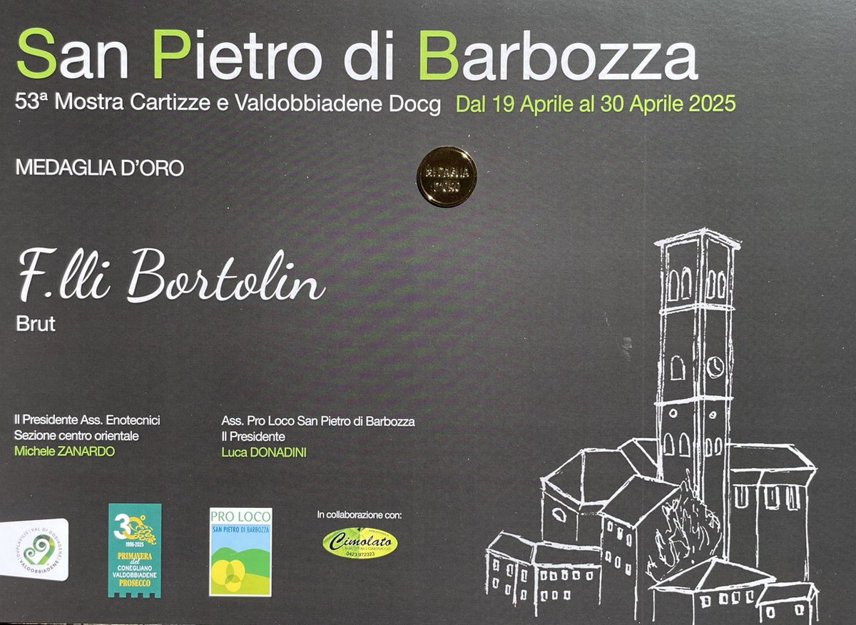 bortolinvini's tweet photo. Il nostro Valdobbiadene brut ha ricevuto la Medaglia d'Oro alla mostra di San Pietro di Barbozza. https://t.co/HlkIEsa3s4