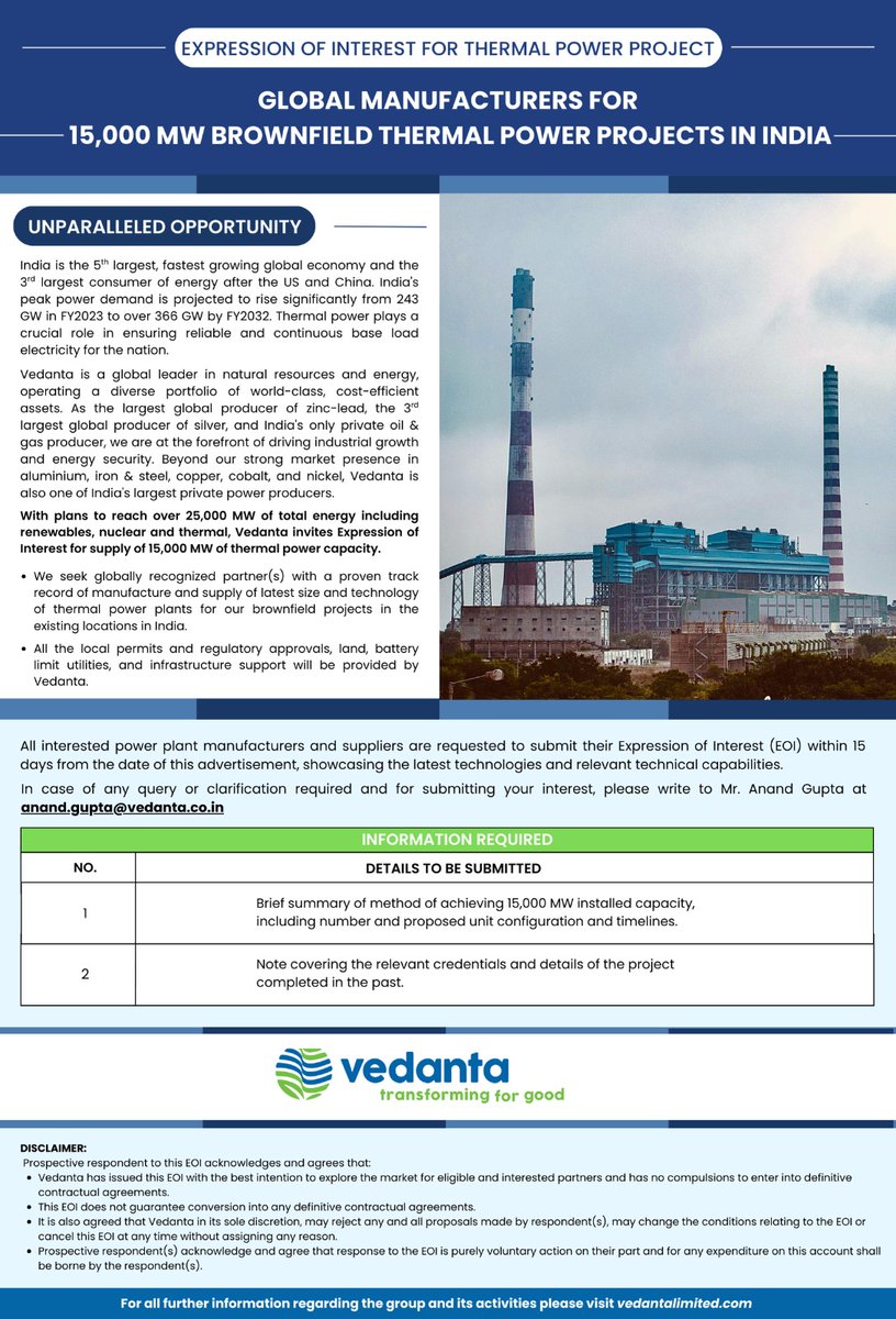 Vedanta plans to reach over 25,000 MW of total energy including renewables, nuclear and thermal. It is inviting Expression of Interest from reputed global manufacturers for potential collaboration in its upcoming 15,000 MW thermal power brownfield projects across India, under