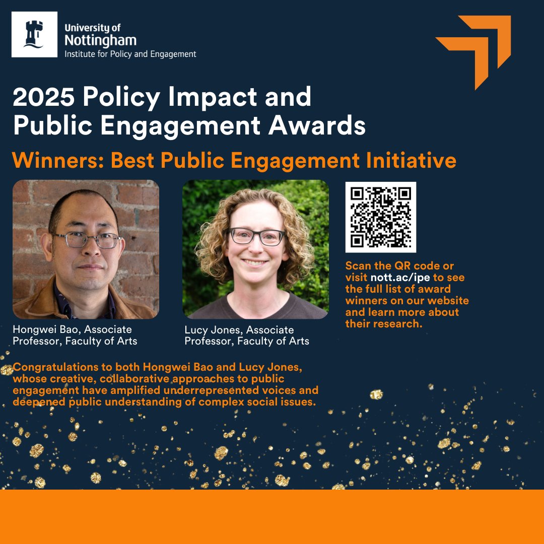 Nottingham Institute for Policy and Engagement (@uon_institute) on Twitter photo <a href="/rightsbeacon/">Rights Lab</a> <a href="/DrToddLandman/">Dr Todd Landman</a> <a href="/BenBrewster__/">Ben Brewster</a> <a href="/boyd_doreen/">Dr Doreen Boyd</a> 2. We have not one but two winners for the Best Public Engagement Award!
A huge congratulations to <a href="/PatrickBao1/">Hongwei Bao (he/him)</a> and Lucy Jones from <a href="/UoNArts/">UoNArts</a> <a href="/UoNHumanities/">School of Humanities | University of Nottingham</a> for their incredible work in ensuring research connects meaningfully with the communities it serves.🥳🎉 <a href="/rightsbeacon/">Rights Lab</a> <a href="/DrToddLandman/">Dr Todd Landman</a> <a href="/BenBrewster__/">Ben Brewster</a> <a href="/boyd_doreen/">Dr Doreen Boyd</a> 2. We have not one but two winners for the Best Public Engagement Award!
A huge congratulations to <a href="/PatrickBao1/">Hongwei Bao (he/him)</a> and Lucy Jones from <a href="/UoNArts/">UoNArts</a> <a href="/UoNHumanities/">School of Humanities | University of Nottingham</a> for their incredible work in ensuring research connects meaningfully with the communities it serves.🥳🎉