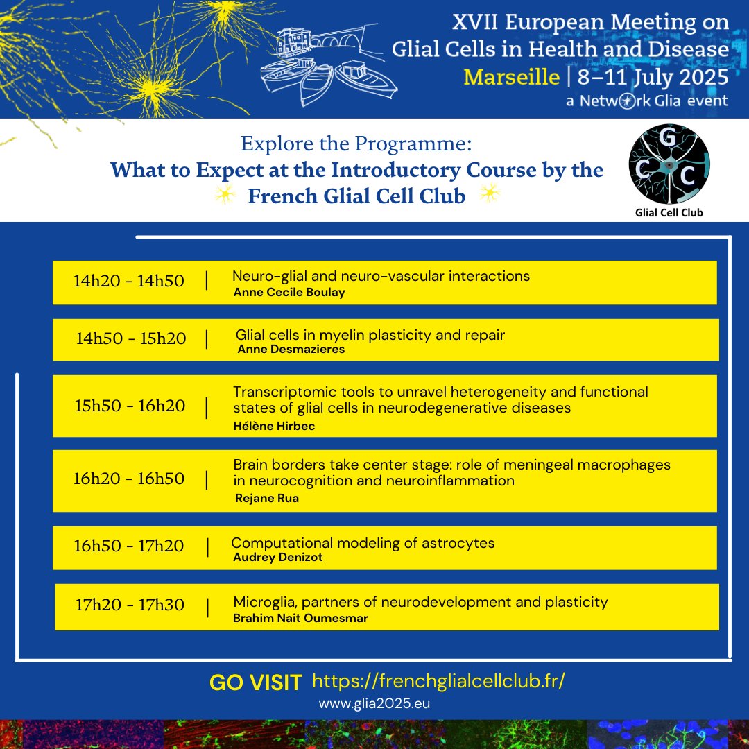 European Glial Meeting 2025 (@gliameeting) on Twitter photo Attending #GLIA2025? Don’t miss the Introductory Course on 7 July—open to everyone, not just early-career researchers! Join the social event at Les Berthom 🍻 afterwards. 
👉 Free for course attendees—registration required!  
Thanks to FrenchGlialCellClub for the organisation! Attending #GLIA2025? Don’t miss the Introductory Course on 7 July—open to everyone, not just early-career researchers! Join the social event at Les Berthom 🍻 afterwards. 
👉 Free for course attendees—registration required!  
Thanks to FrenchGlialCellClub for the organisation!