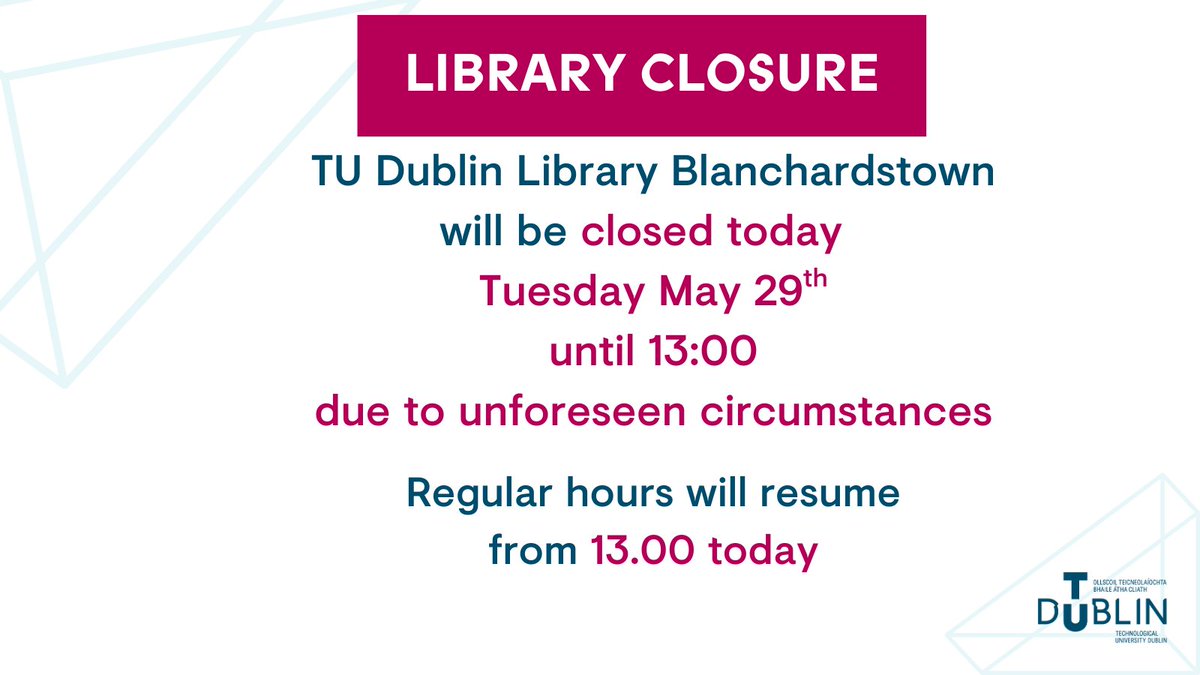 Due to unforeseen circumstances, Blanchardstown Library will be closed until 13:00 today.  All other libraries are available see details here tudublin.ie/library/locati…  Apologies for any inconvenience caused.